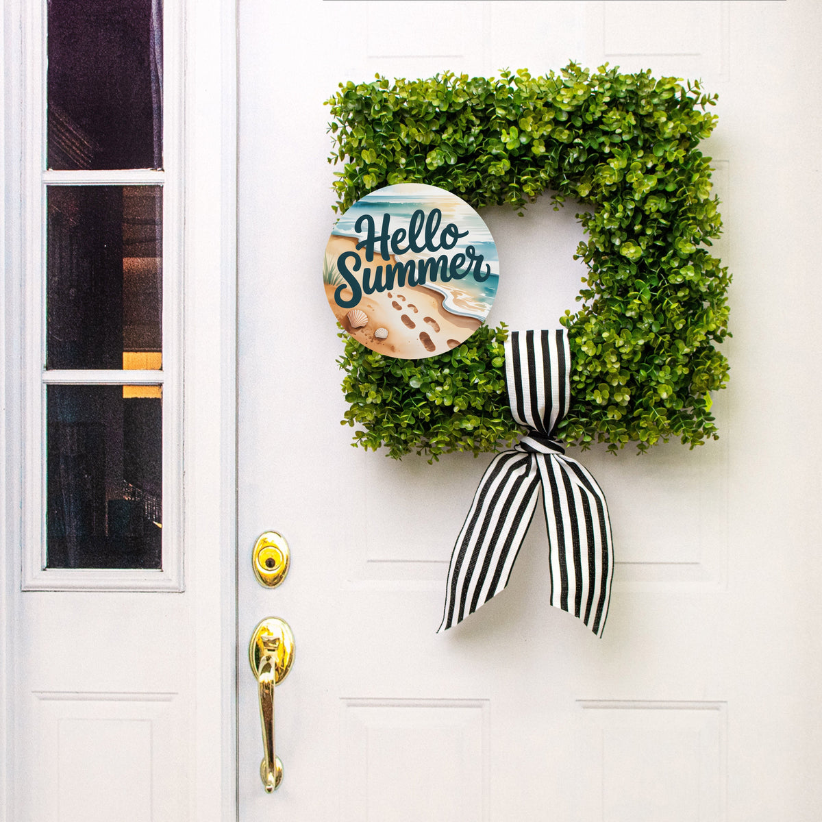 10.5" Round Waterproof Sign: Hello Summer Beach Footprints Lifestyle Photo