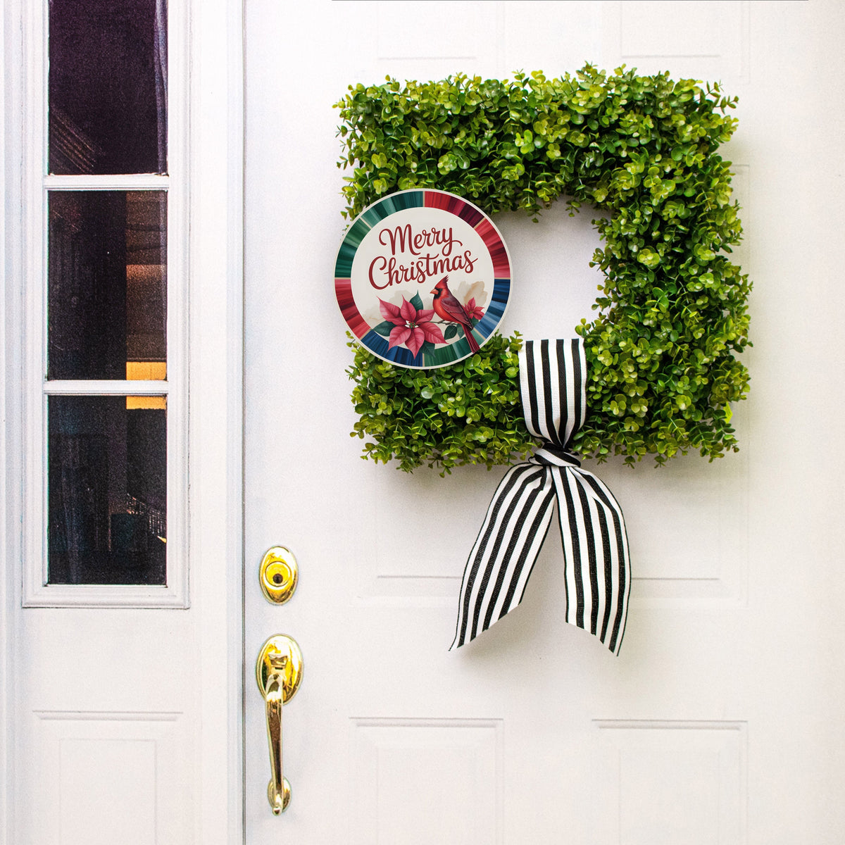10.5" Round Waterproof Sign: Merry Christmas Cardinal Poinsettia Lifestyle Photo
