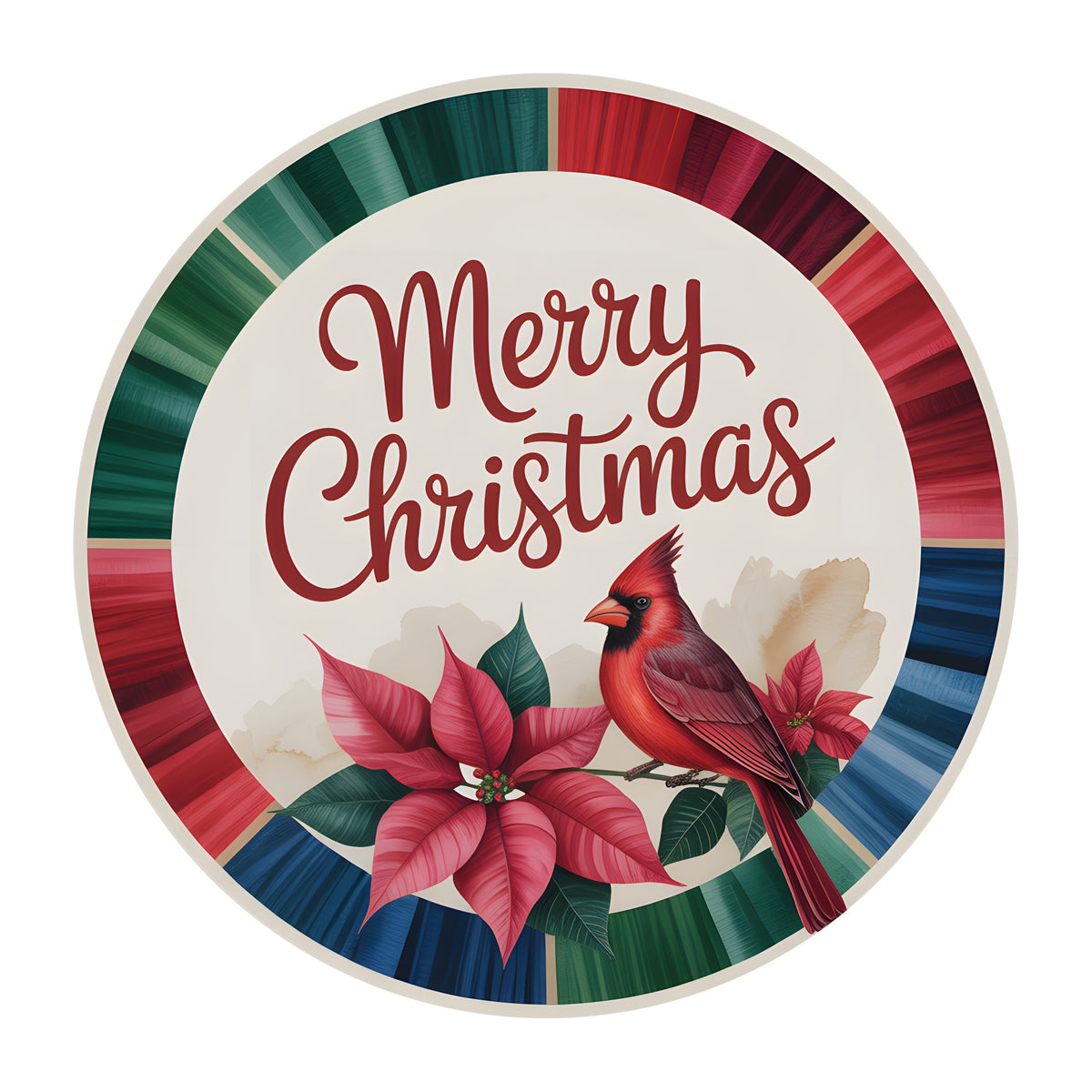 10.5" Round Waterproof Sign: Merry Christmas Cardinal Poinsettia Item Number: CD1387NH-105