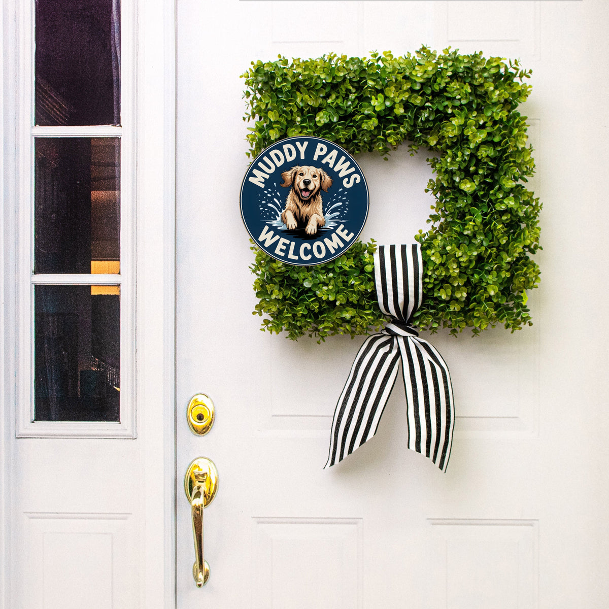 10.5" Round Waterproof Sign: Muddy Paws Welcome Golden Retriever Lifestyle Photo