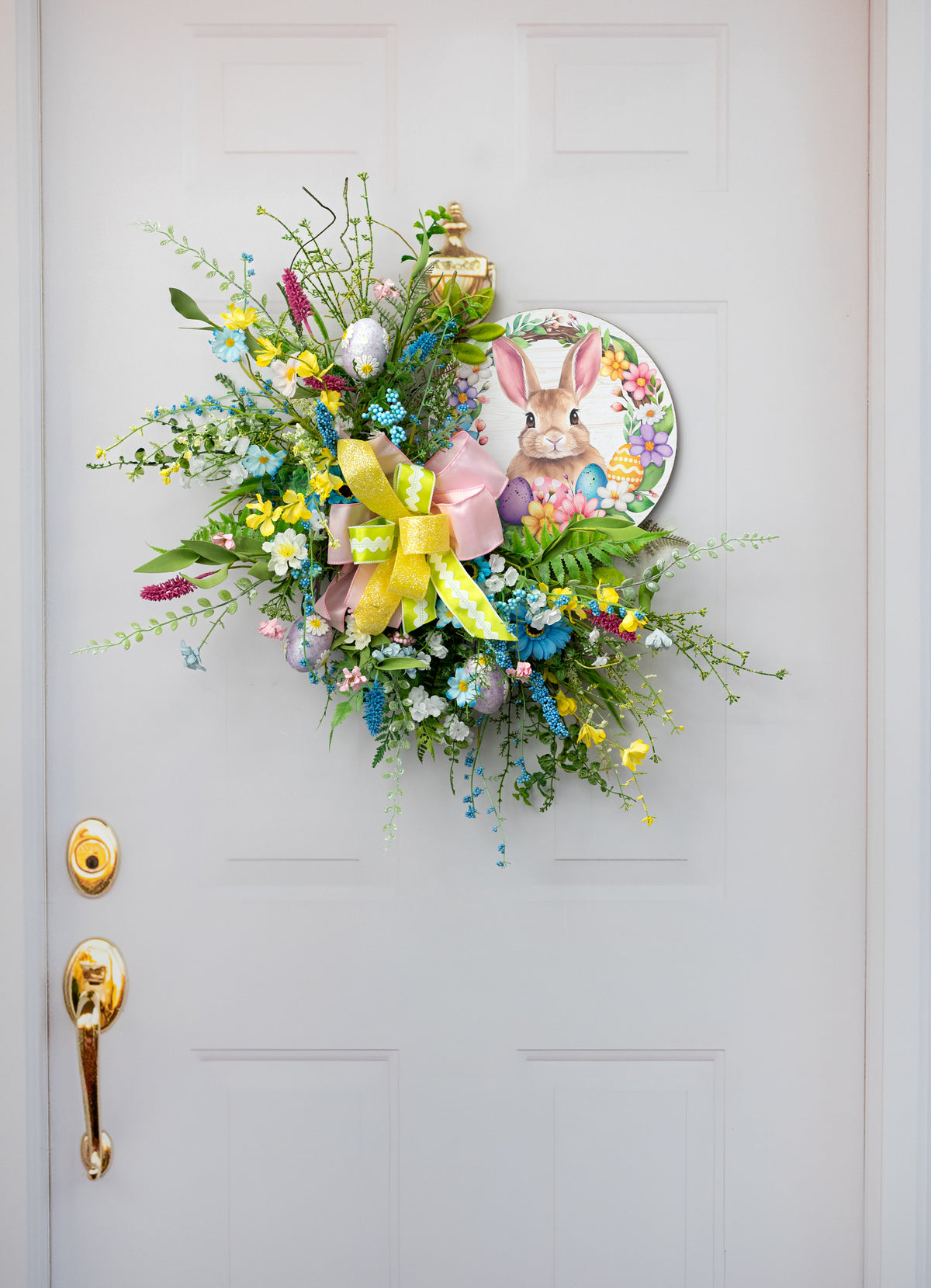 10.5" Round Wooden Sign: Floral Bunny Easter Eggs detail photo 4
