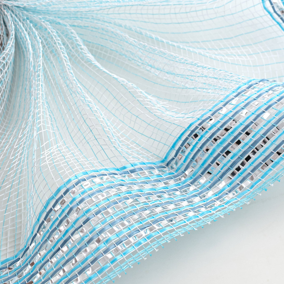 10" Border Stripe Metallic Mesh: Turquoise, White, Smoke Blue & Silver Lifestyle Photo