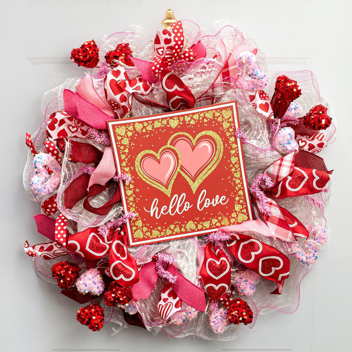 10" Square Wooden Sign: Glittered Hello Love Golden Hearts Lifestyle Photo