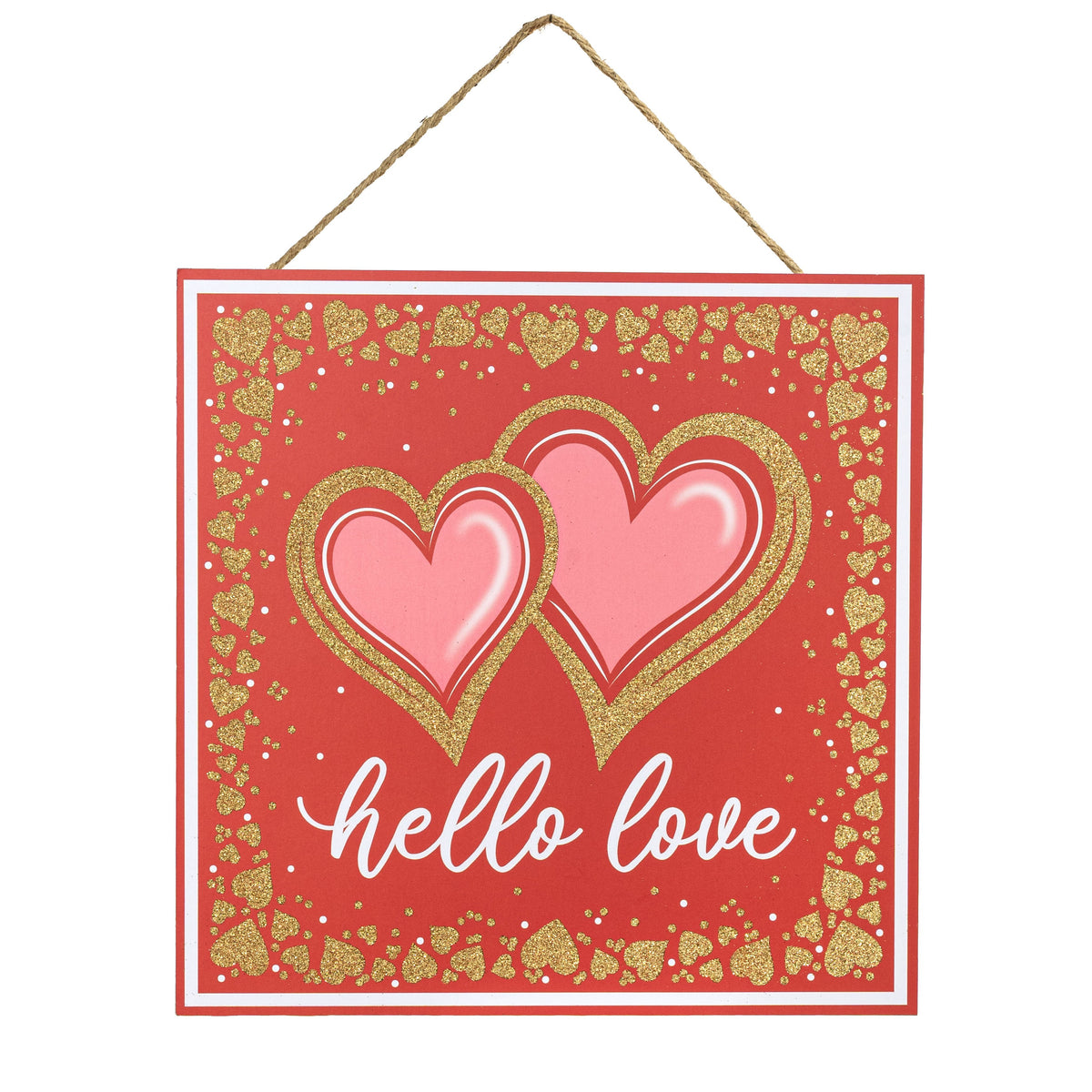 10" Square Wooden Sign: Glittered Hello Love Golden Hearts Item Number: AP7892F2