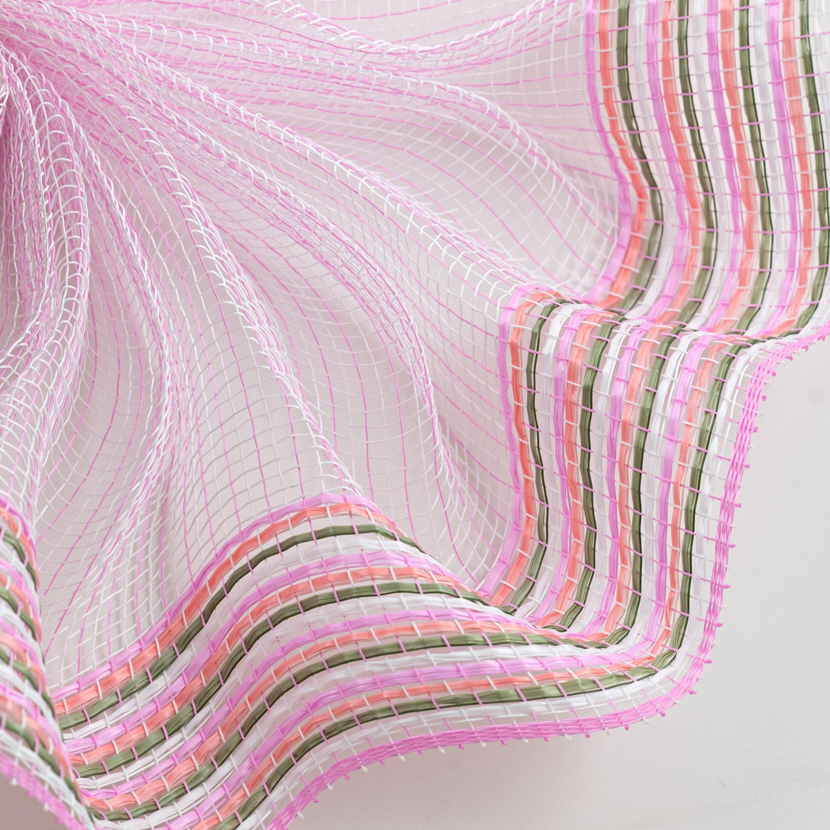 10" Wide Strip Border Stripe Mesh: Pink, White & Sage Green Lifestyle Photo