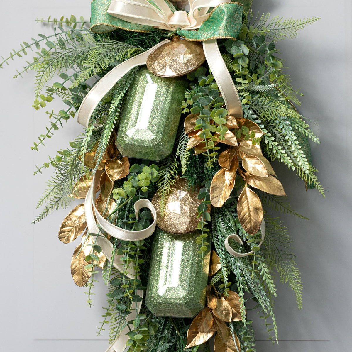 100mm Faceted Flat Round Gem Ornament: Glitter Inside Champagne Gold Lifestyle Photo