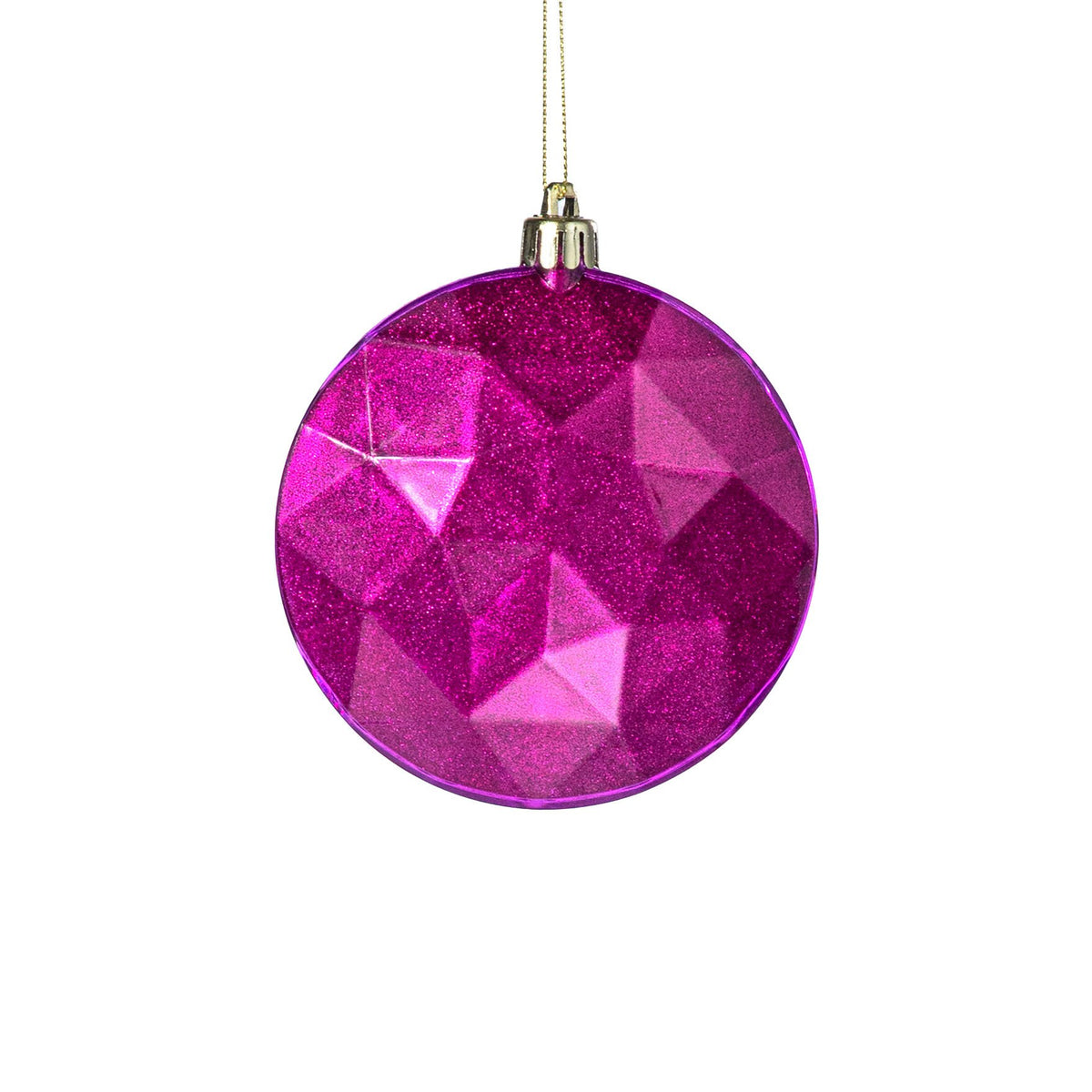 100mm Faceted Flat Round Gem Ornament: Glitter Inside Fuchsia Pink Item Number: XJ765507