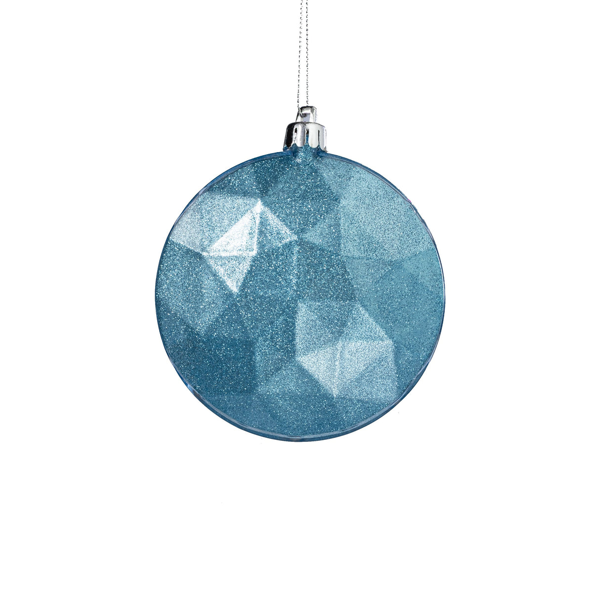 100mm Faceted Flat Round Gem Ornament: Glitter Inside Smoke Blue Item Number: XJ7655FF