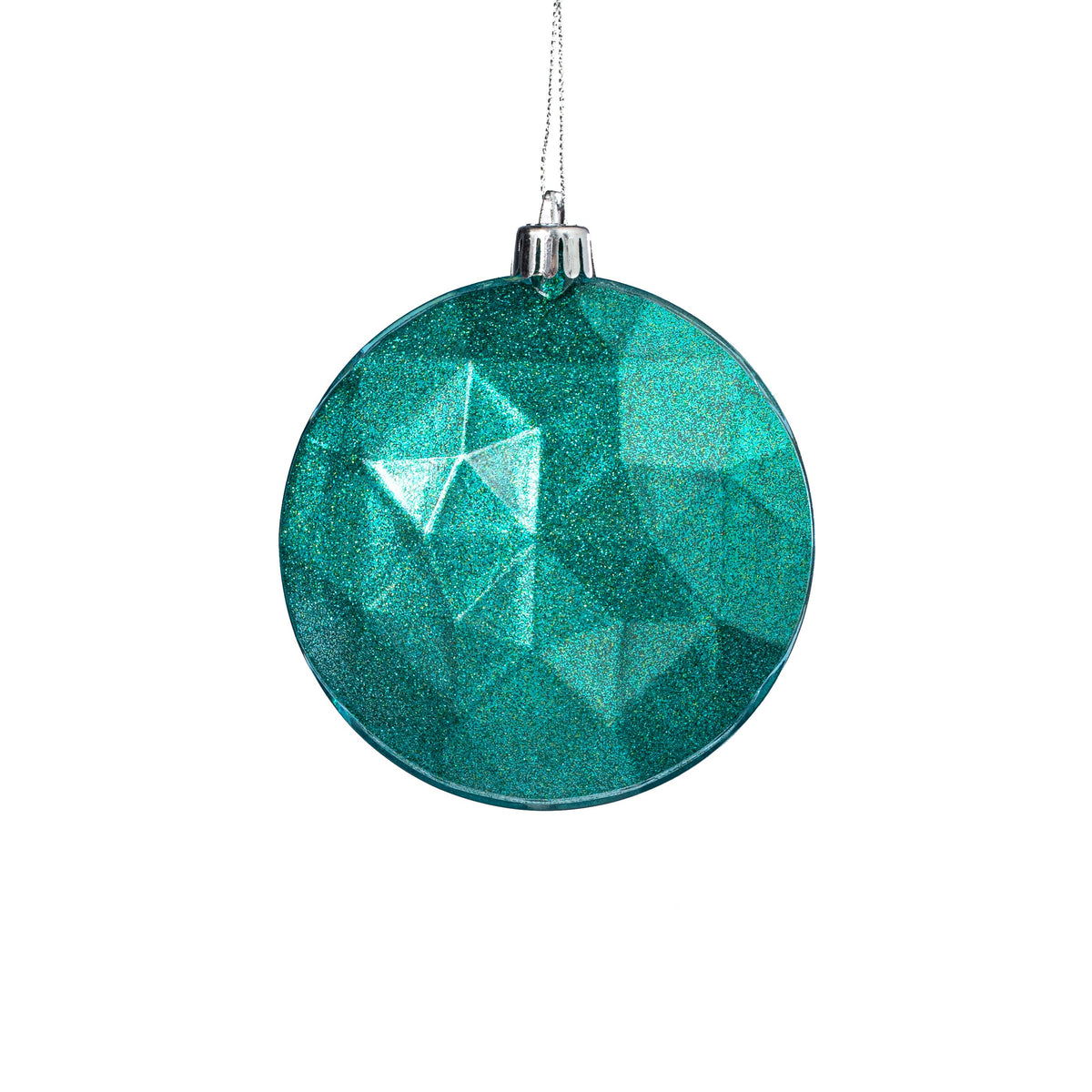 100mm Faceted Flat Round Gem Ornament: Glitter Inside Turquoise Teal Item Number: XJ7655EK