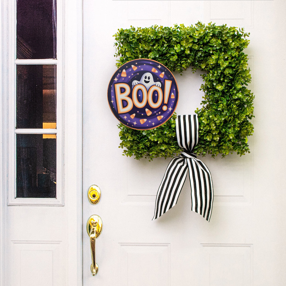 11.75" Round Waterproof Sign: Halloween Boo Ghost with Candy Corn Lifestyle Photo