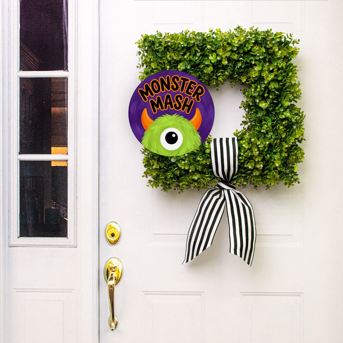 11.75" Round Waterproof Sign: Monster Mash One-Eyed Green Monster Lifestyle Photo