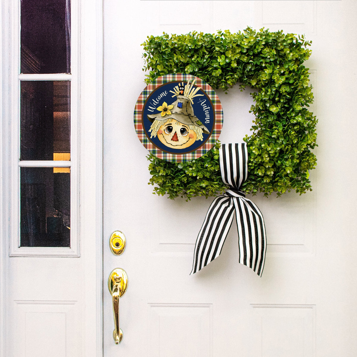 11.75" Round Waterproof Sign: Scarecrow Plaid Autumn Lifestyle Photo