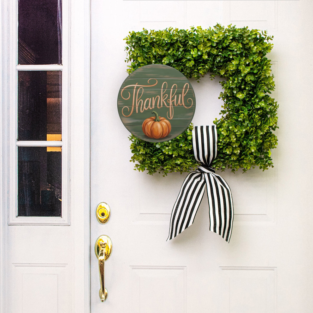 11.75" Round Waterproof Sign: Thankful Green Shiplap Pumpkin Lifestyle Photo