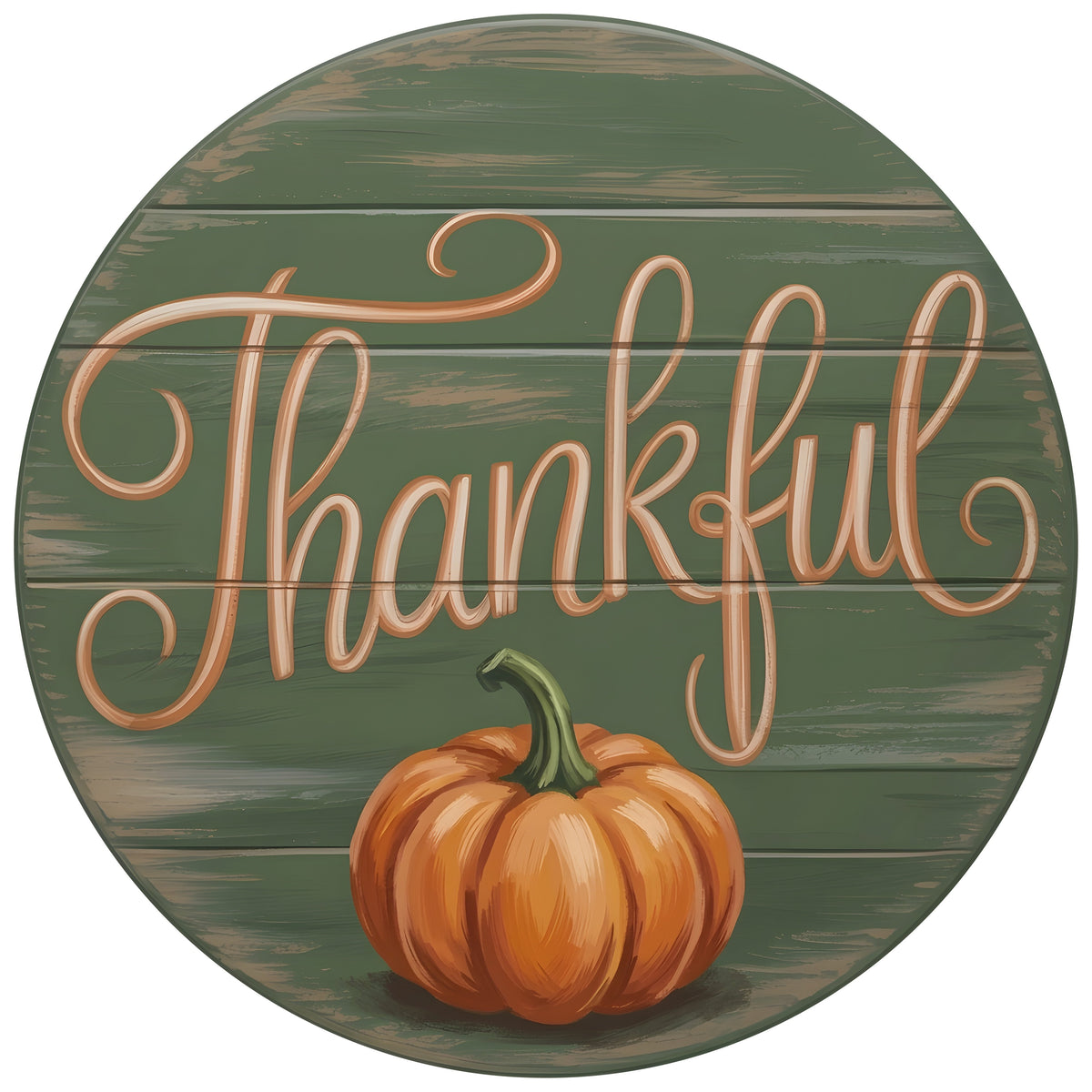 11.75" Round Waterproof Sign: Thankful Green Shiplap Pumpkin Item Number: CD1280NH-118