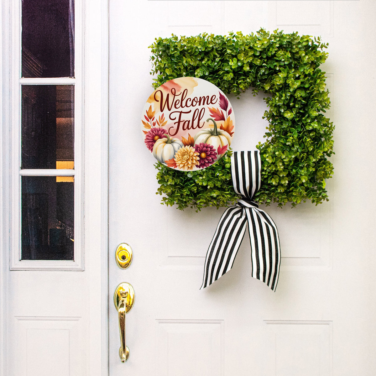 11.75" Round Waterproof Sign: Welcome Fall White Pumpkins Dahlias Lifestyle Photo