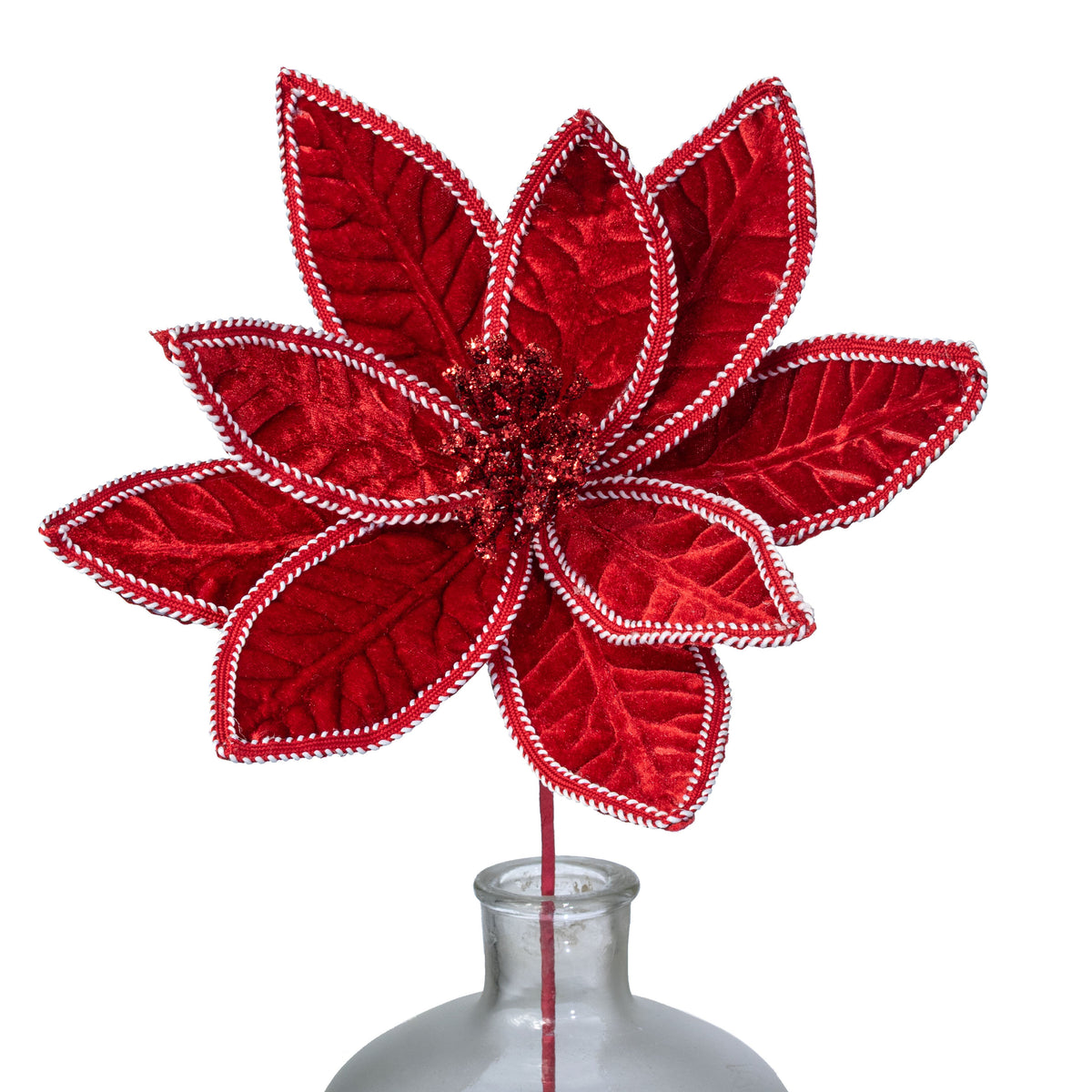 12" x 25" Velvet & Trim Poinsettia Stem: Red & White Item Number: 86802RDWT