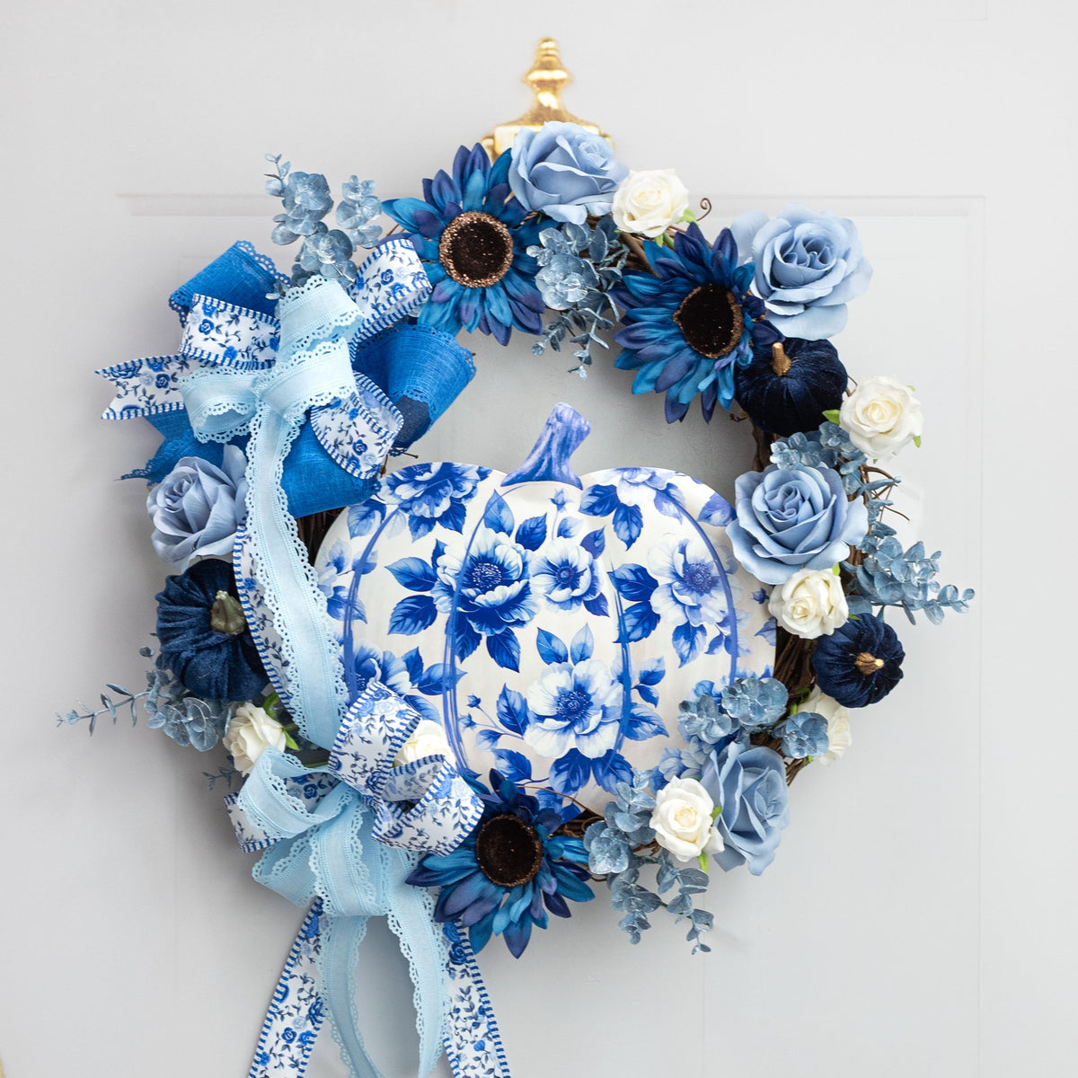 12" Pumpkin Shape Metal Sign: Chinoiserie Blue Lifestyle Photo