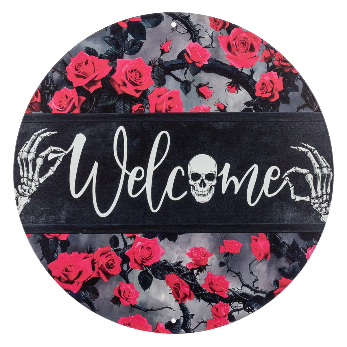 12" Round Metal Sign: Black & Hot Pink Roses Welcome Skeleton Item Number: MD1892M6