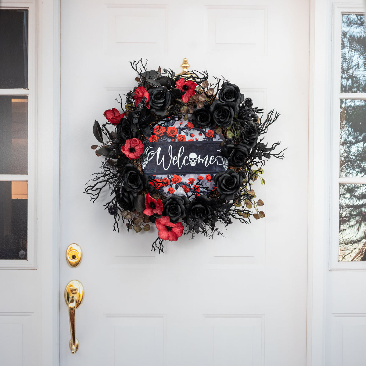 12" Round Metal Sign: Black & Red Roses Welcome Skeleton detail photo 4