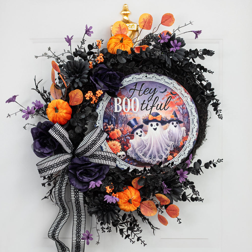 12" Round Metal Sign: Hey Boo-tiful Fancy Ghosts Orange Lifestyle Photo