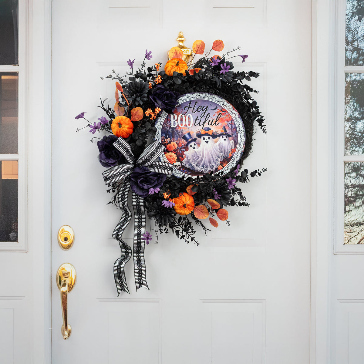 12" Round Metal Sign: Hey Boo-tiful Fancy Ghosts Orange detail photo 4
