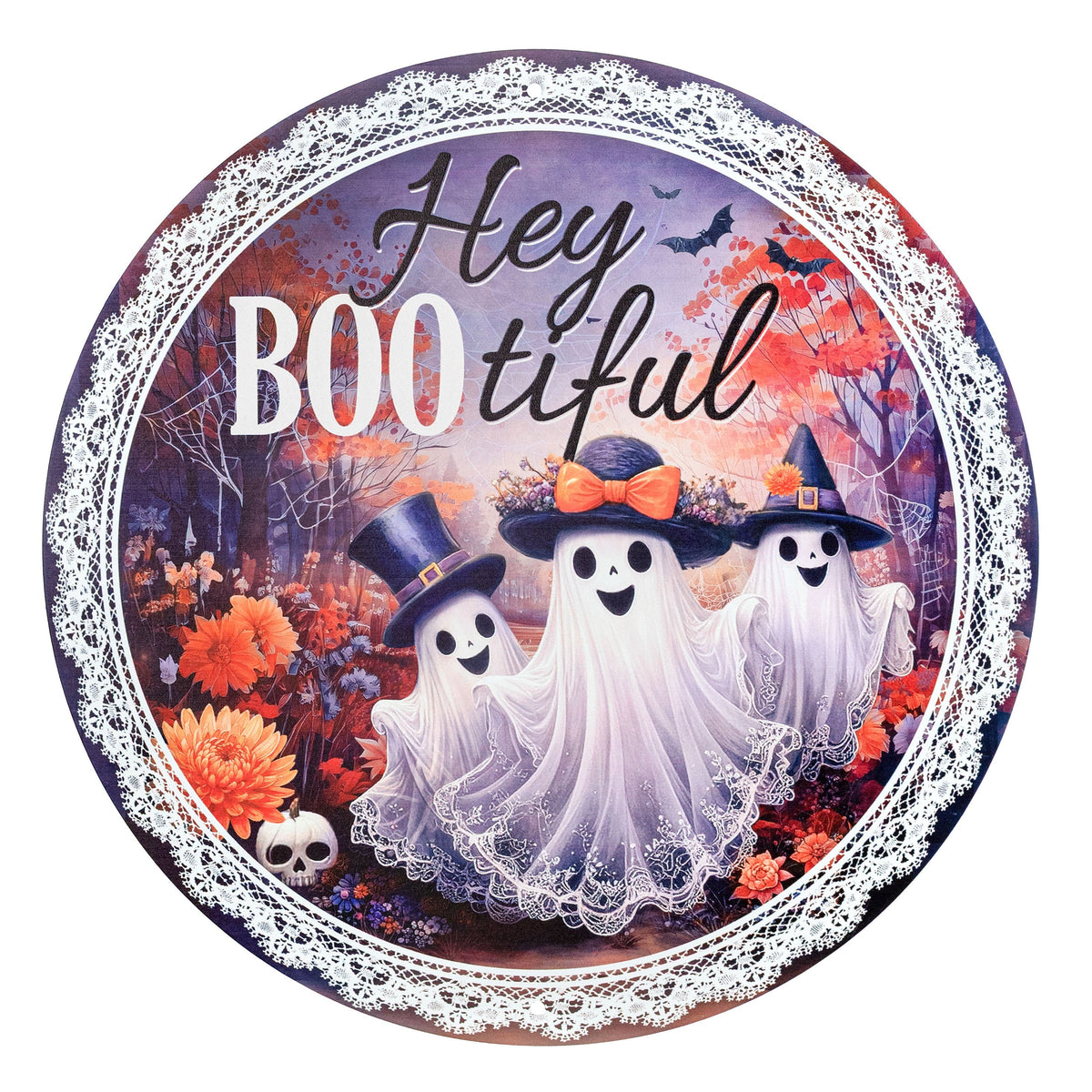 12" Round Metal Sign: Hey Boo-tiful Fancy Ghosts Orange Item Number: MD1895M3