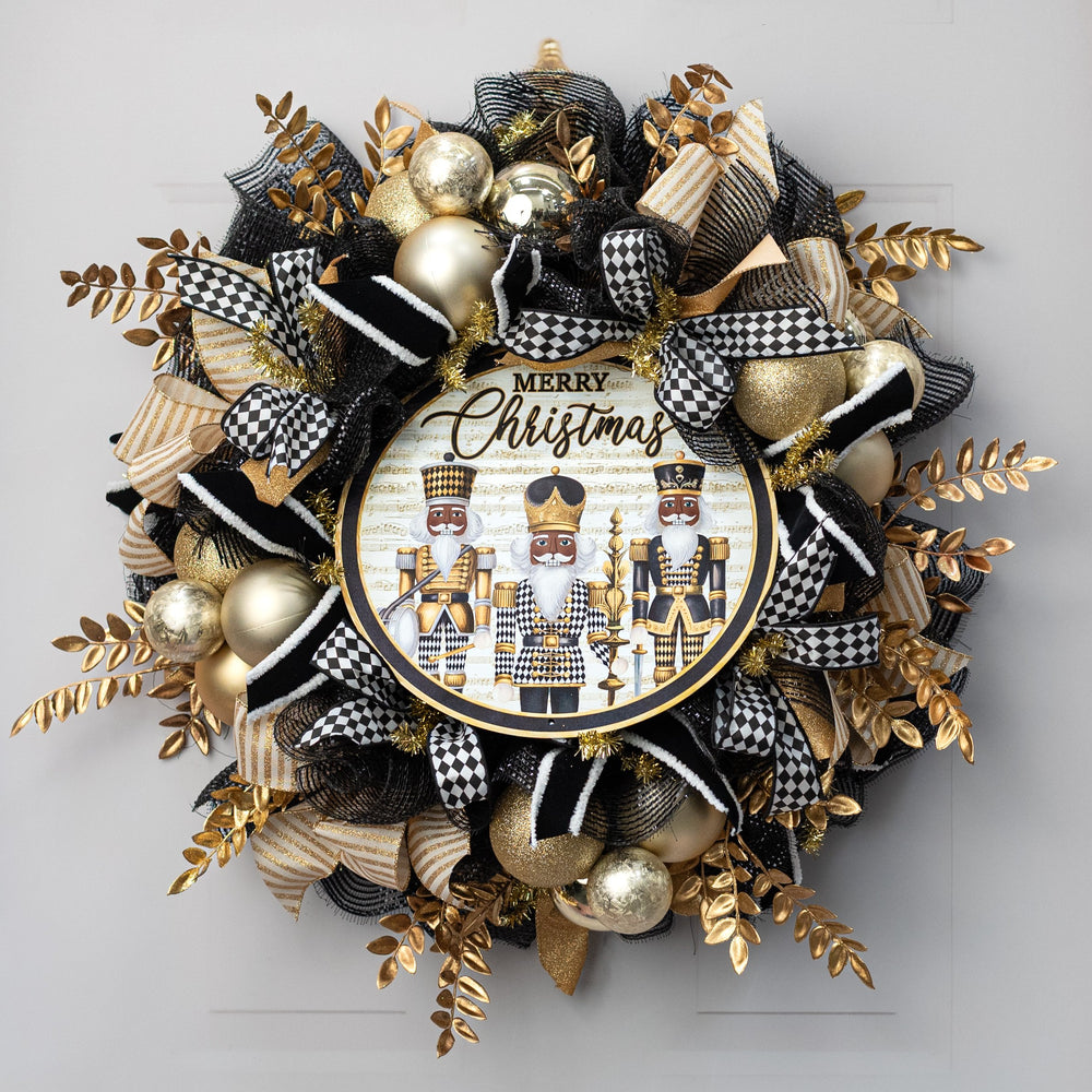 12" Round Metal Sign: Merry Christmas Brown Harlequin Nutcrackers Lifestyle Photo