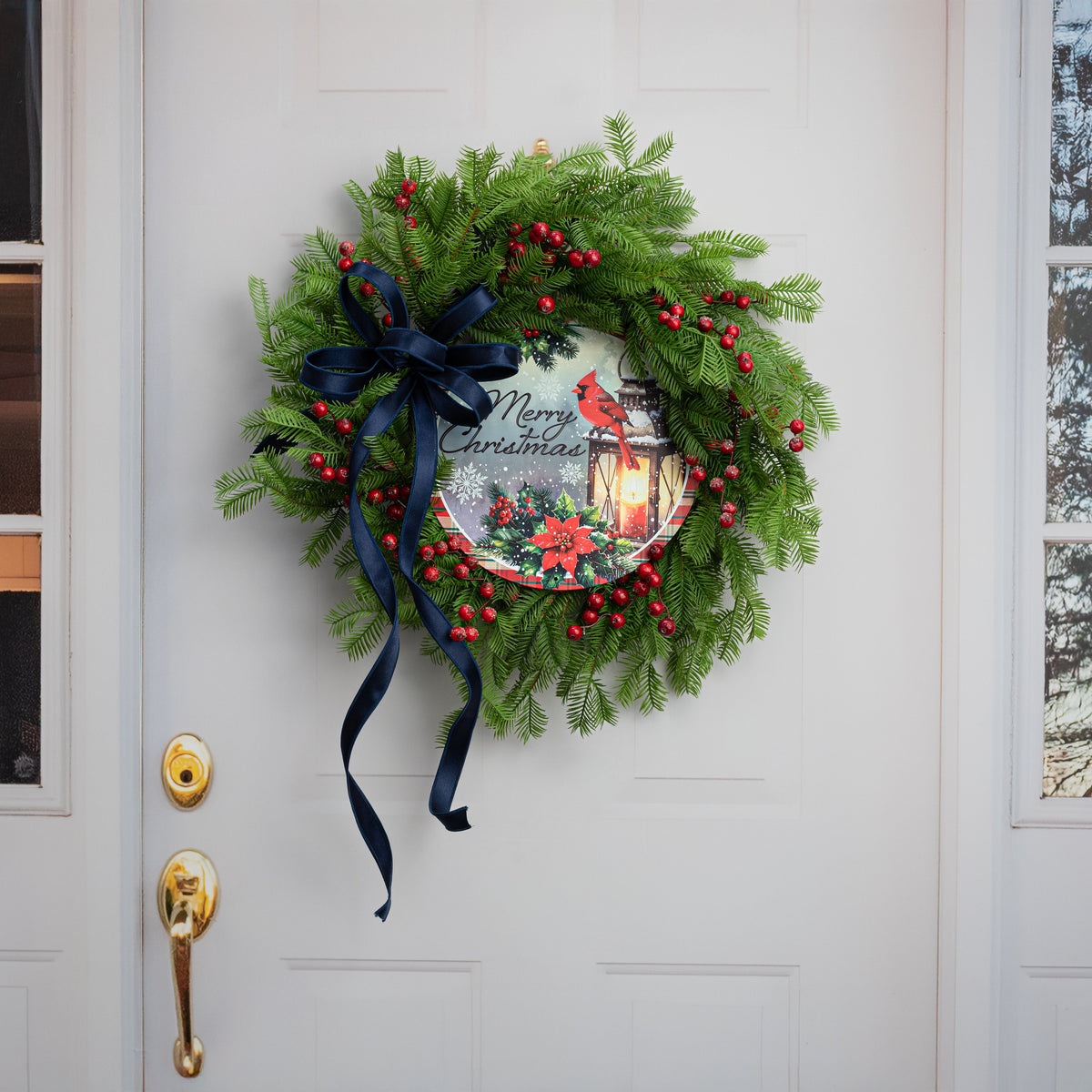 12" Round Metal Sign: Merry Christmas Cardinal Lantern detail photo 4
