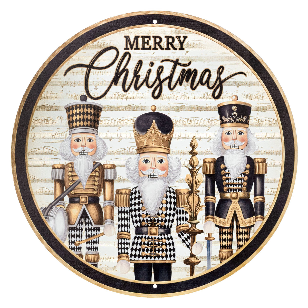 12" Round Metal Sign: Merry Christmas Harlequin Nutcrackers Item Number: MD177527