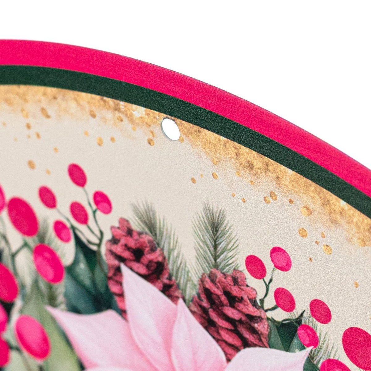 12" Round Metal Sign: Merry Christmas Ornament & Pink Poinsettias detail photo 3