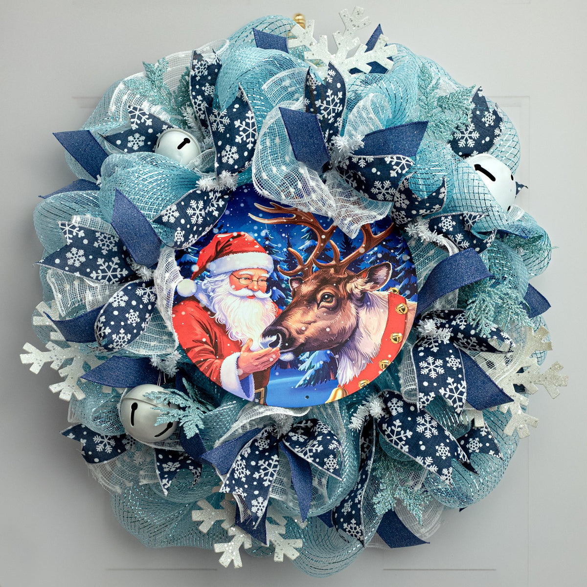 12" Round Metal Sign: Santa Clause & Reindeer Lifestyle Photo