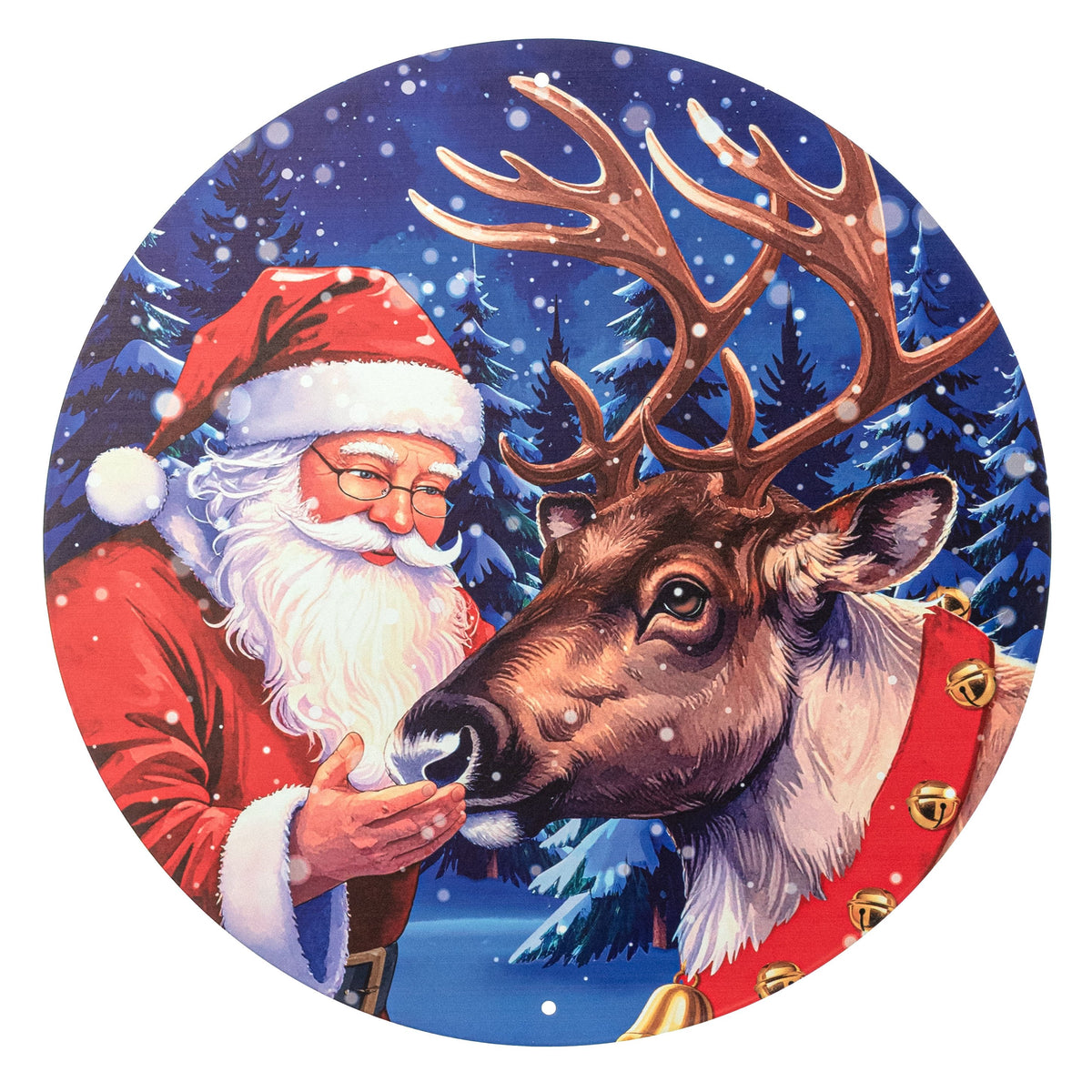 12" Round Metal Sign: Santa Clause & Reindeer Item Number: MD180027