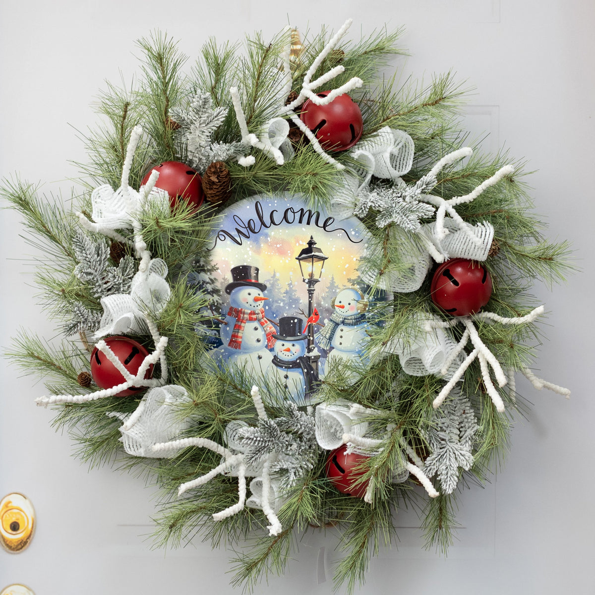 12" Round Metal Sign: Welcome Snowmen Lifestyle Photo