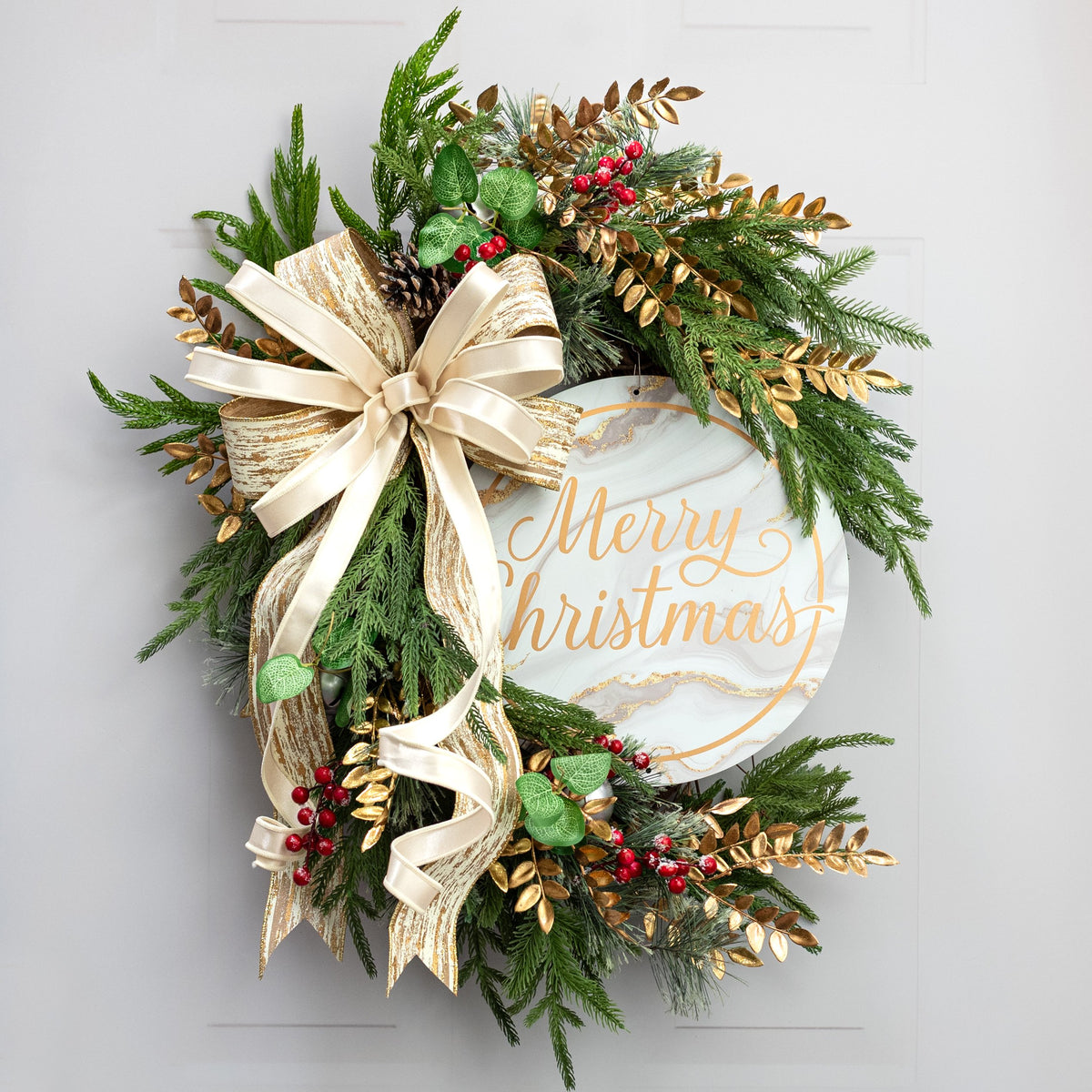 12" Round Metal Sign: White & Gold Marble Merry Christmas Lifestyle Photo