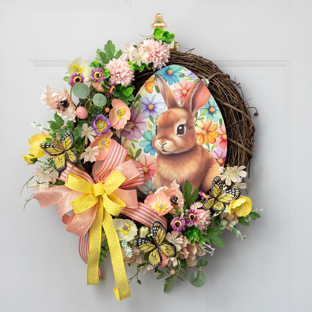 12" Wooden Egg Sign: Easter Bunny on Florals Lifestyle Photo