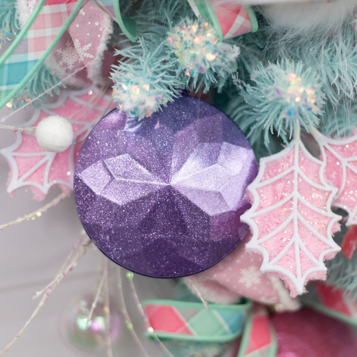 120mm Faceted Flat Round Gem Ornament: Glitter Inside Lavender Lifestyle Photo