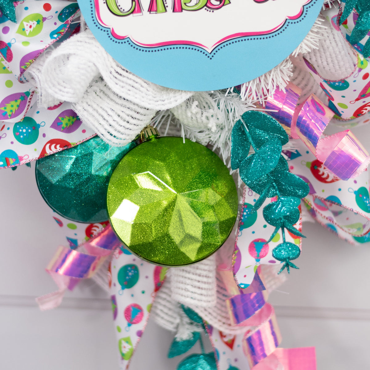 120mm Faceted Flat Round Gem Ornament: Glitter Inside Lime Green Lifestyle Photo