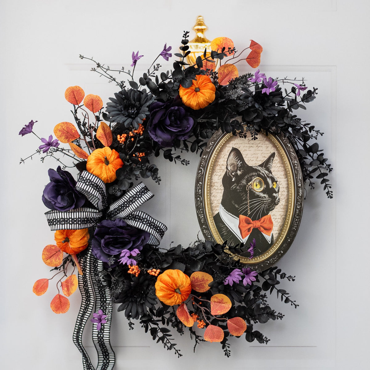 13" Oval Wooden Sign: Framed Black Cat Portrait Lifestyle Photo