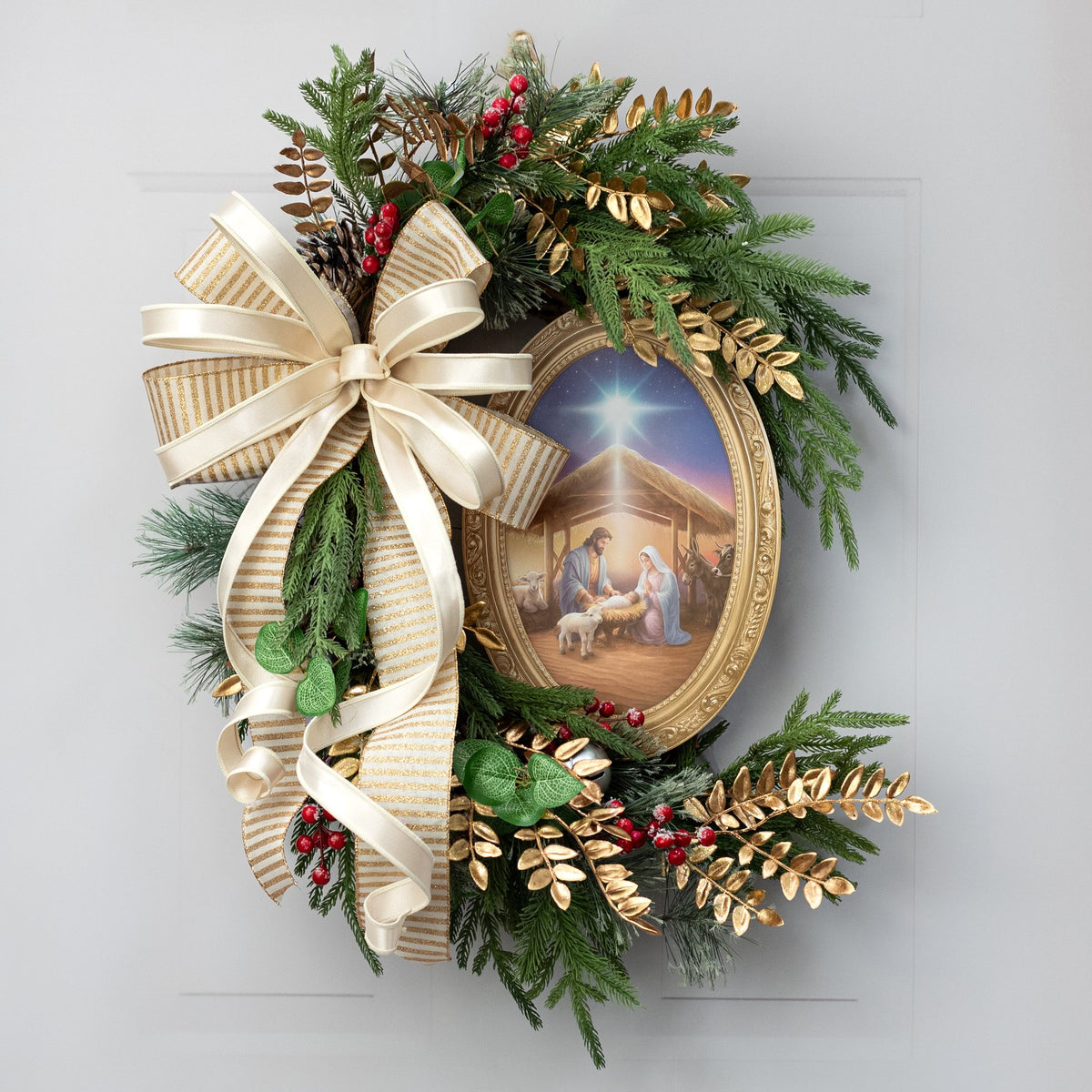 13" Oval Wooden Sign: Framed Holy Family Nativity Lifestyle Photo