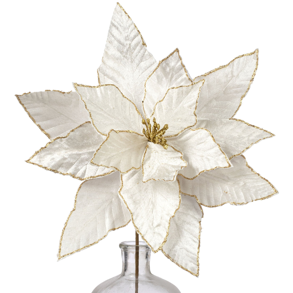 15" Glitter Edge Velvet Poinsettia Spray: White & Gold Item Number: 40465