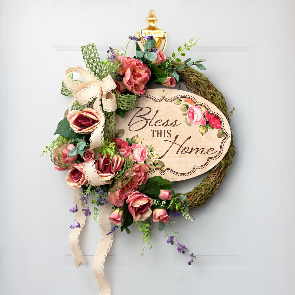 15" Oval Metal Sign: Bless This Home Floral Lifestyle Photo