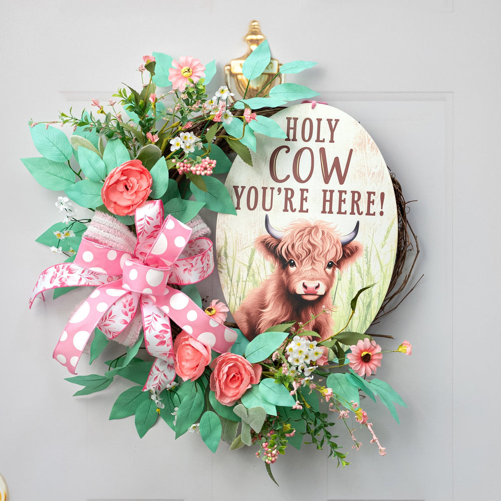 15" Oval Metal Sign: Holy Highland Cow You're Here Lifestyle Photo