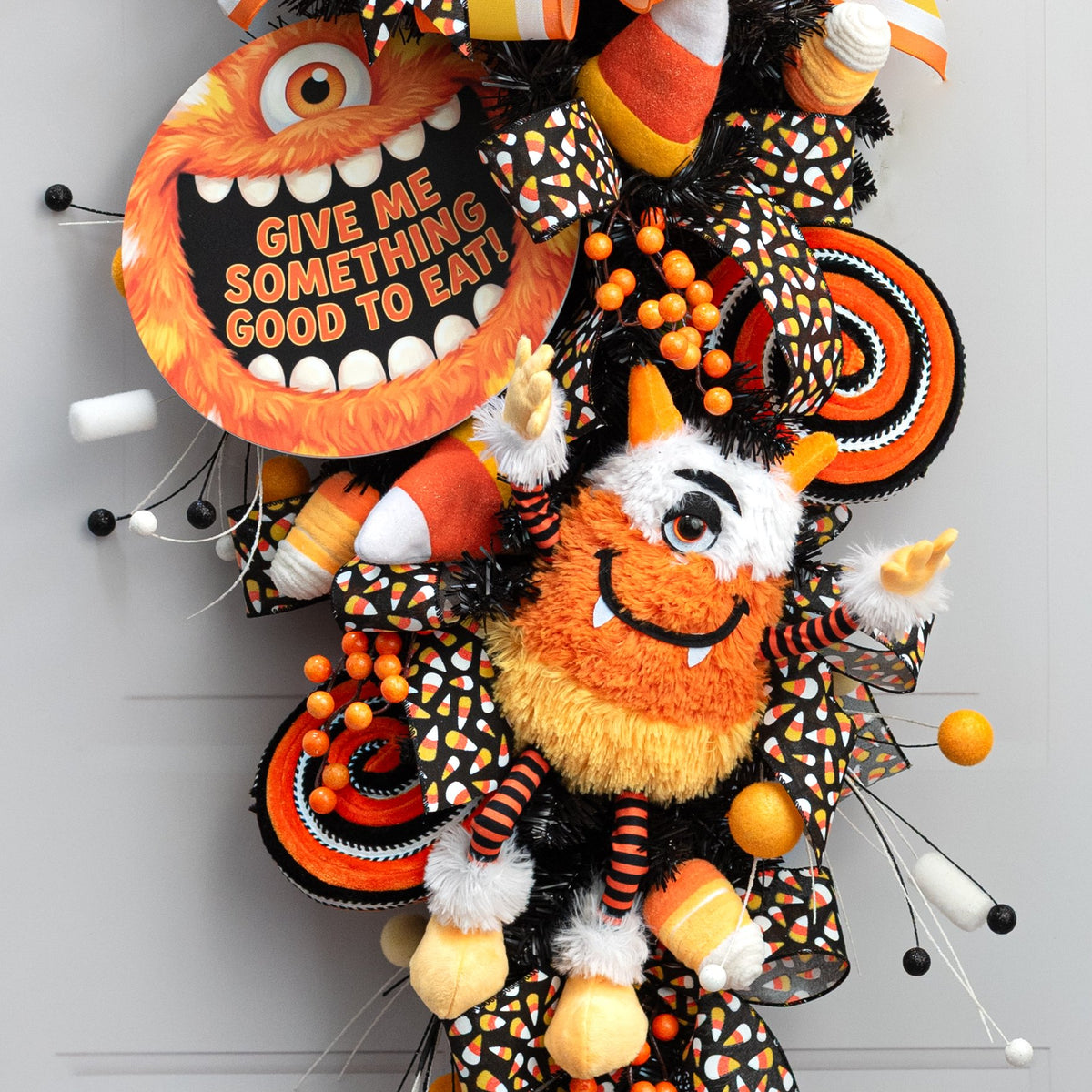 15" Plush Candy Corn Halloween Monster Wreath Decor Lifestyle Photo
