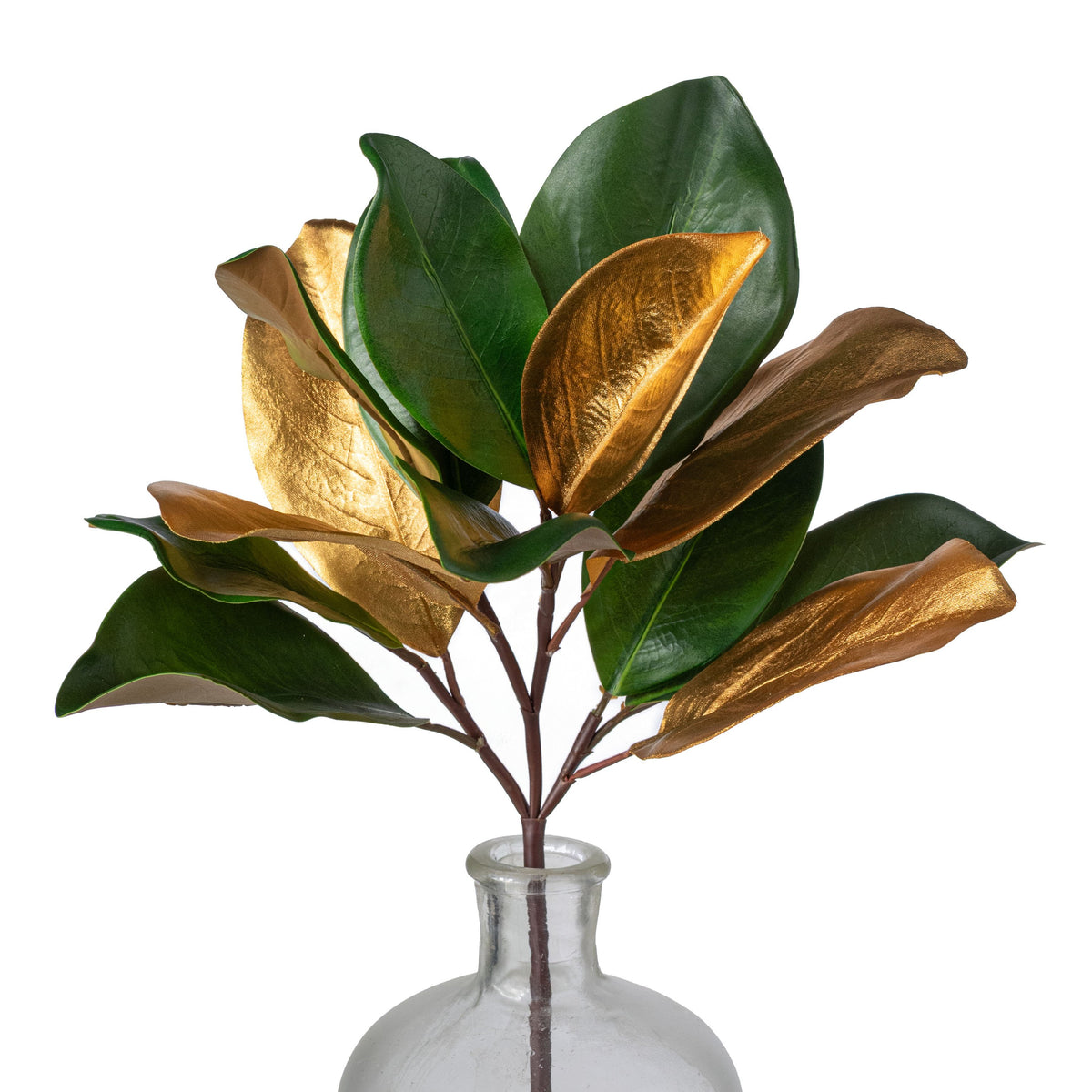 16" Artificial Magnolia Leaves Stem: Green & Metallic Gold Item Number: 2823033GG