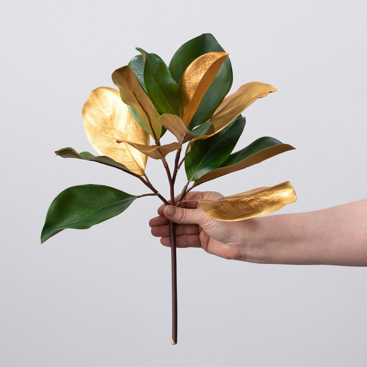 16" Artificial Magnolia Leaves Stem: Green & Metallic Gold detail photo 3