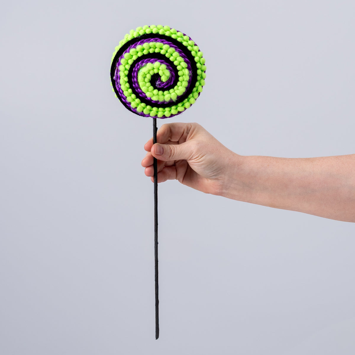 5" x 16" Chenille Pom Pom & Cording Lollipop Spray: Neon Lime, Purple & Black detail photo 3