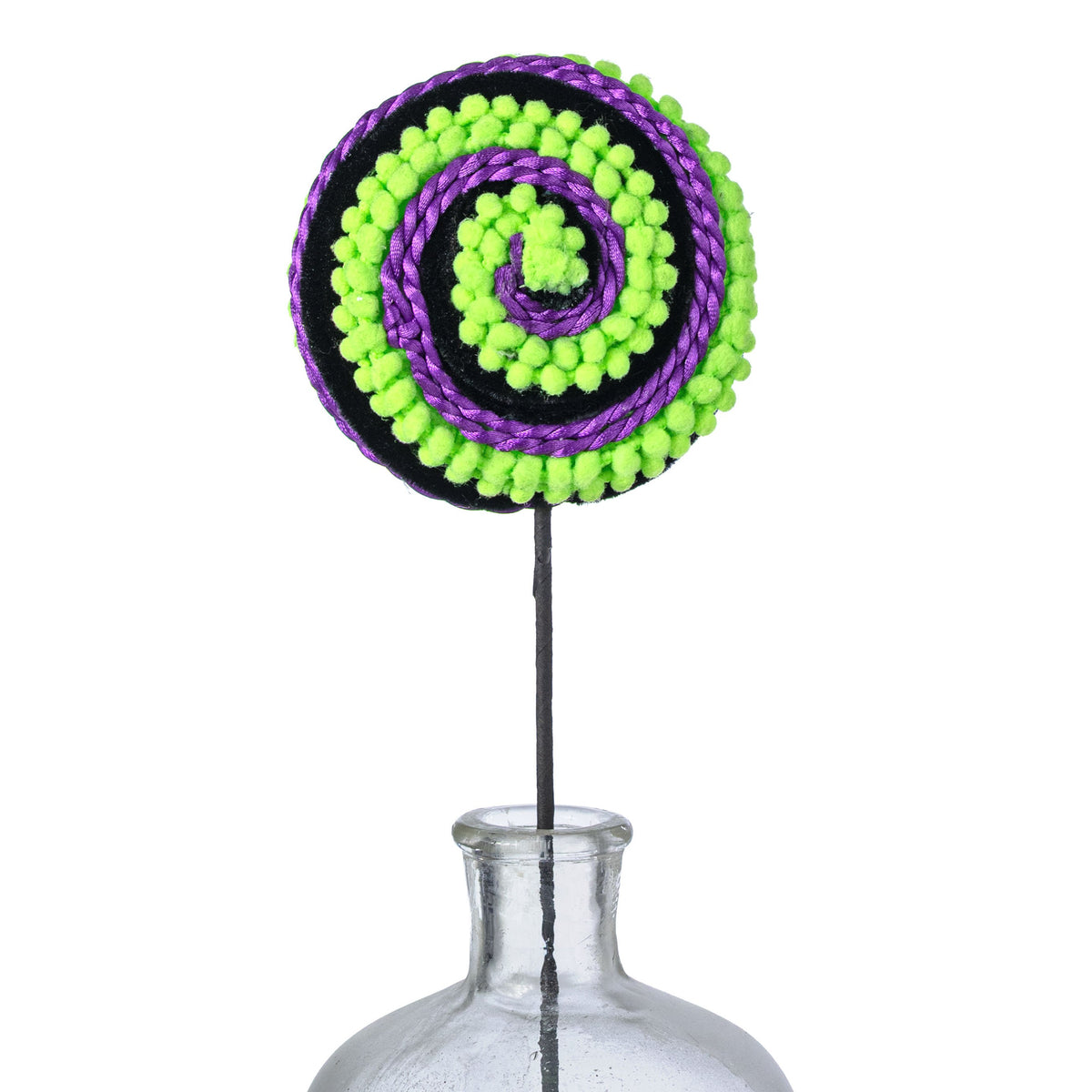 5" x 16" Chenille Pom Pom & Cording Lollipop Spray: Neon Lime, Purple & Black Item Number: 57391PU