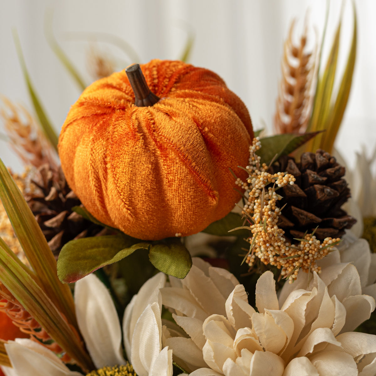 18" Sunflower Ball Mum Pumpkin Pinecone Bush: Cream & Orange detail photo 4