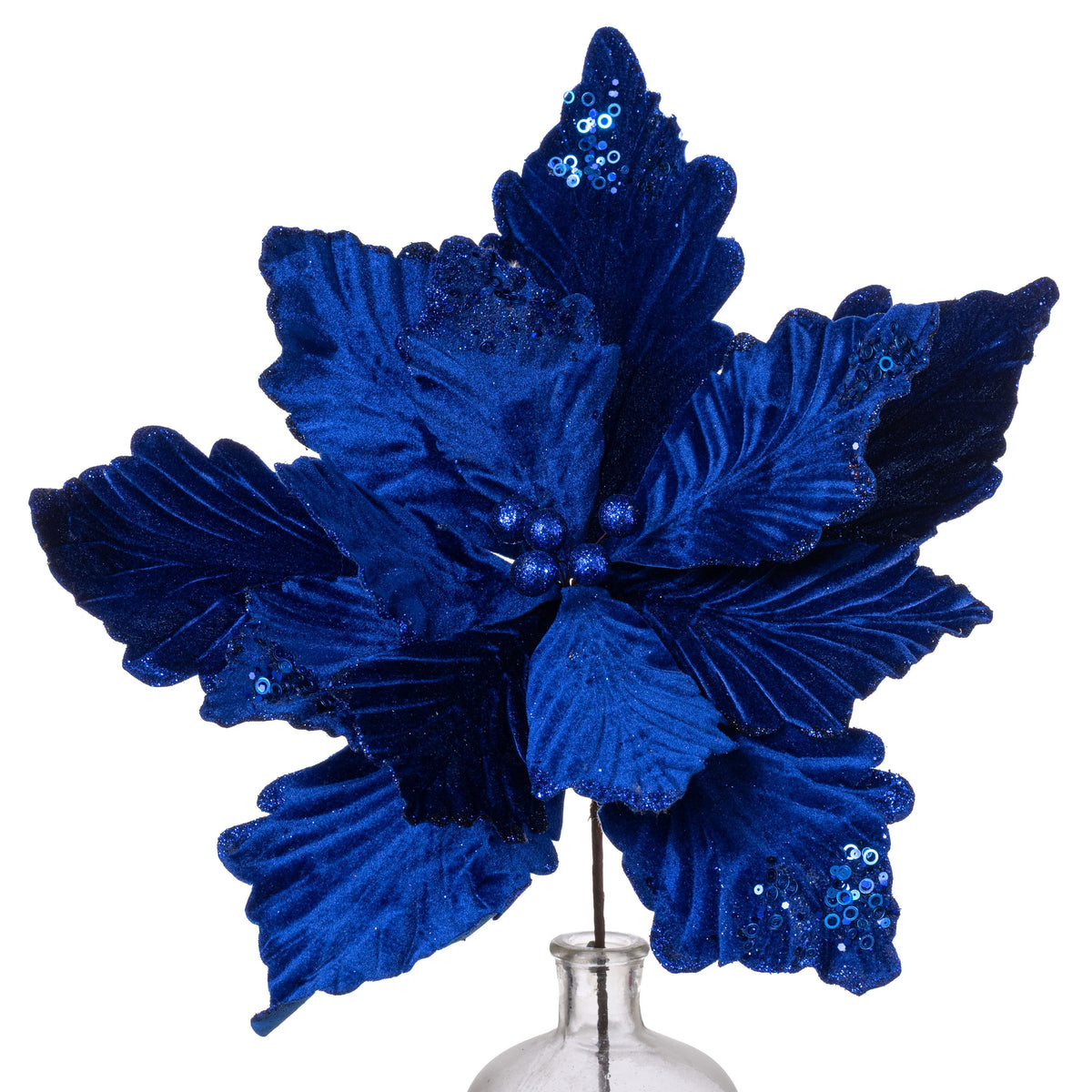19" x 16" Deluxe Jumbo Velvet Poinsettia Stem: Royal Blue Item Number: XS401025