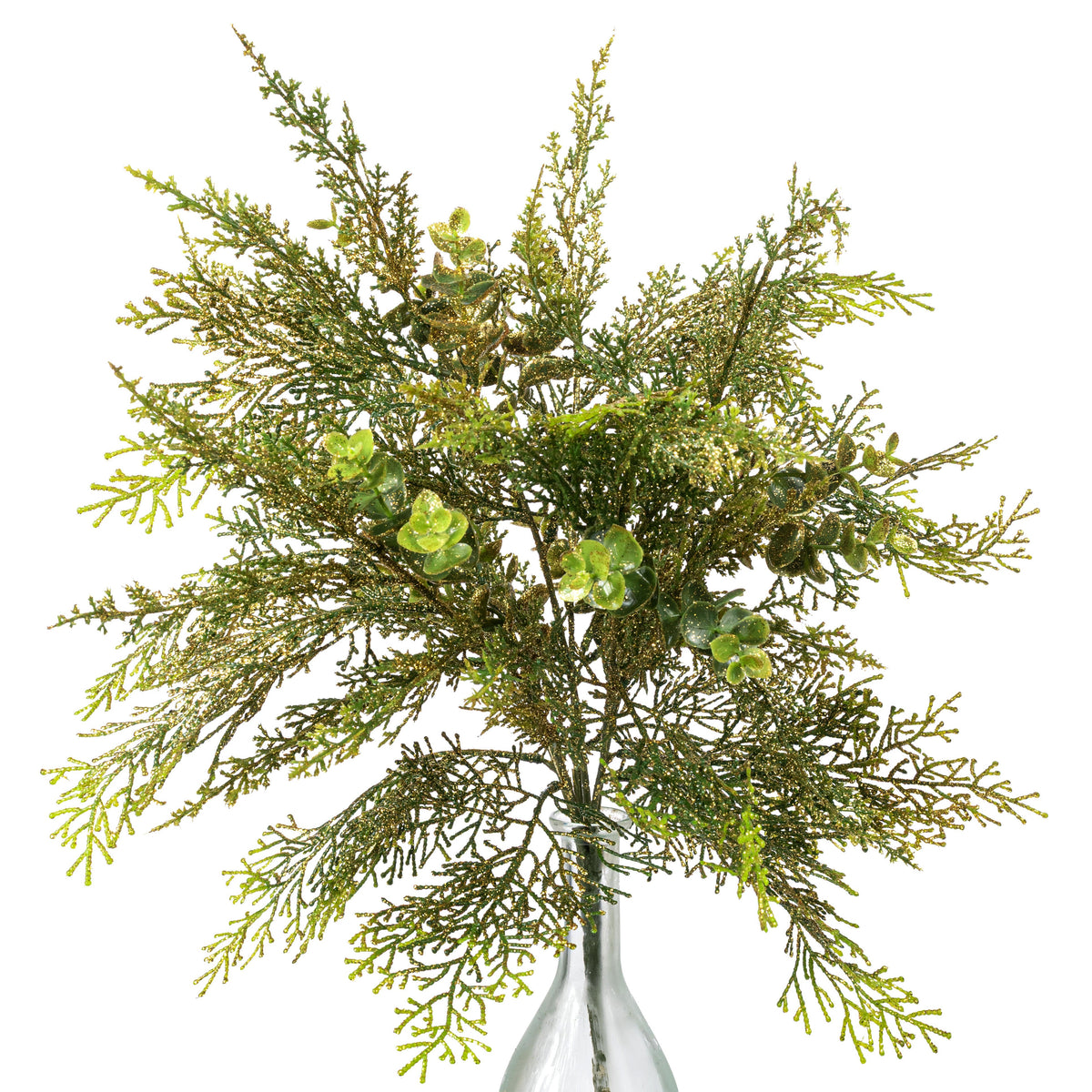 19" Glittered Cypress & Eucalyptus Bush: Evergreen & Gold Item Number: 85958